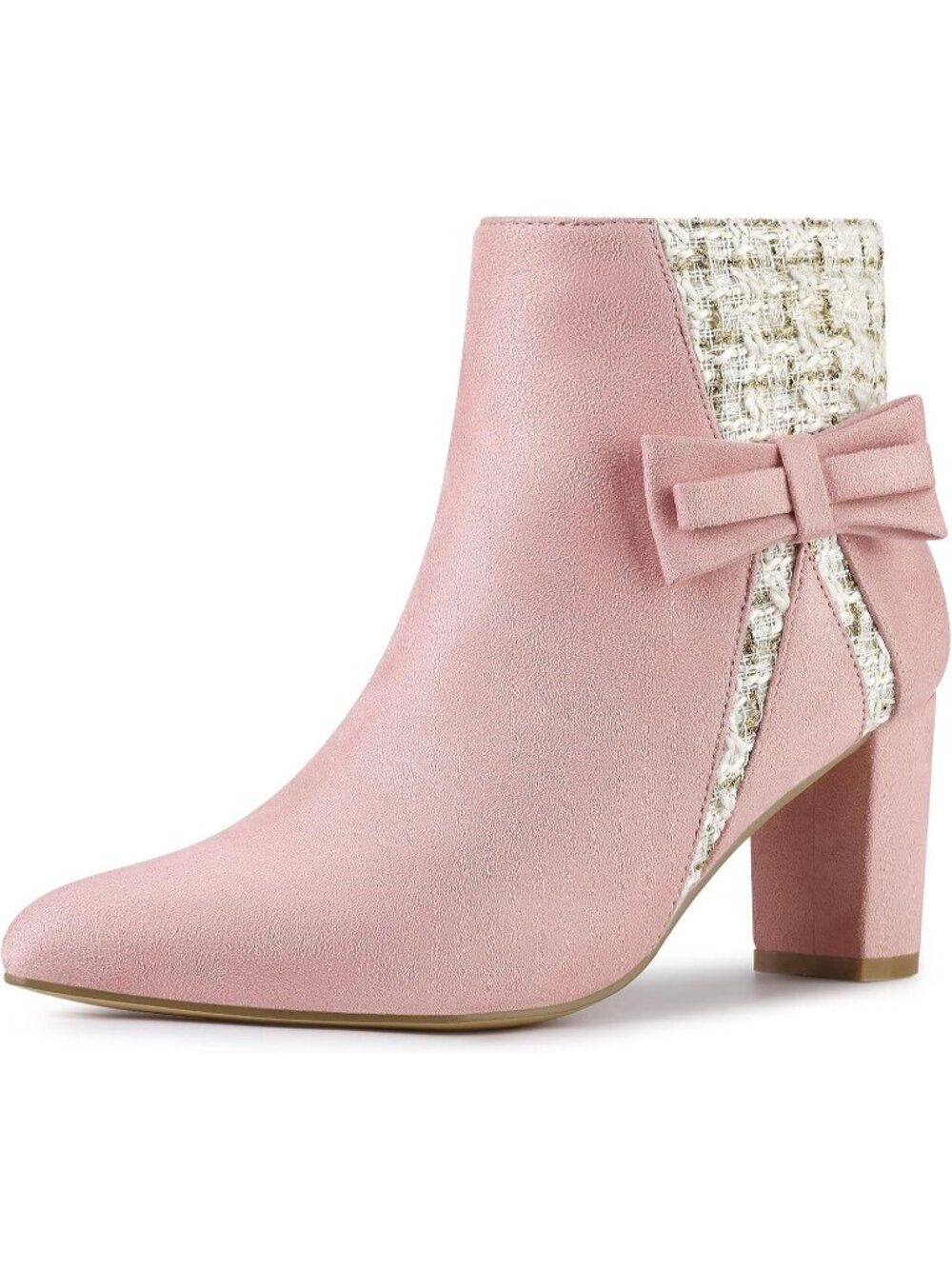 Women's Pink Comfortable Pointed Toe Tweed Plaid Bow Block Heels Ankle Boots